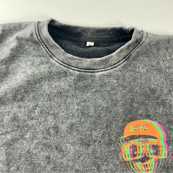 Grey Neon Graphic T-shirt Men S Black Acid Wash Short Sleeve Music 90s hip hop - Picture 3 of 6